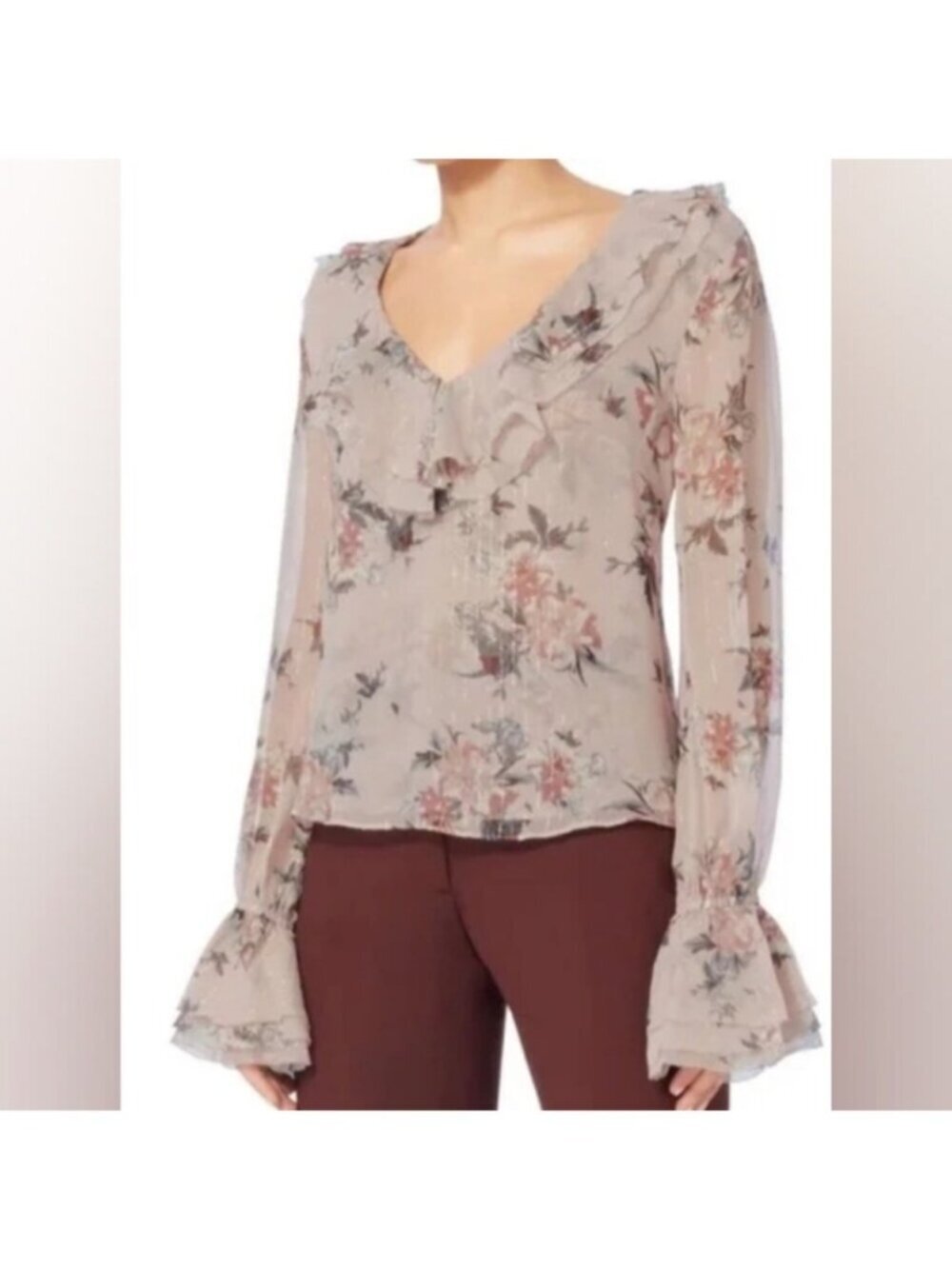 Intermix Thalia Silk Ruffle V Neck Mauve Floral Blouse Whimsical Cottagecore - M